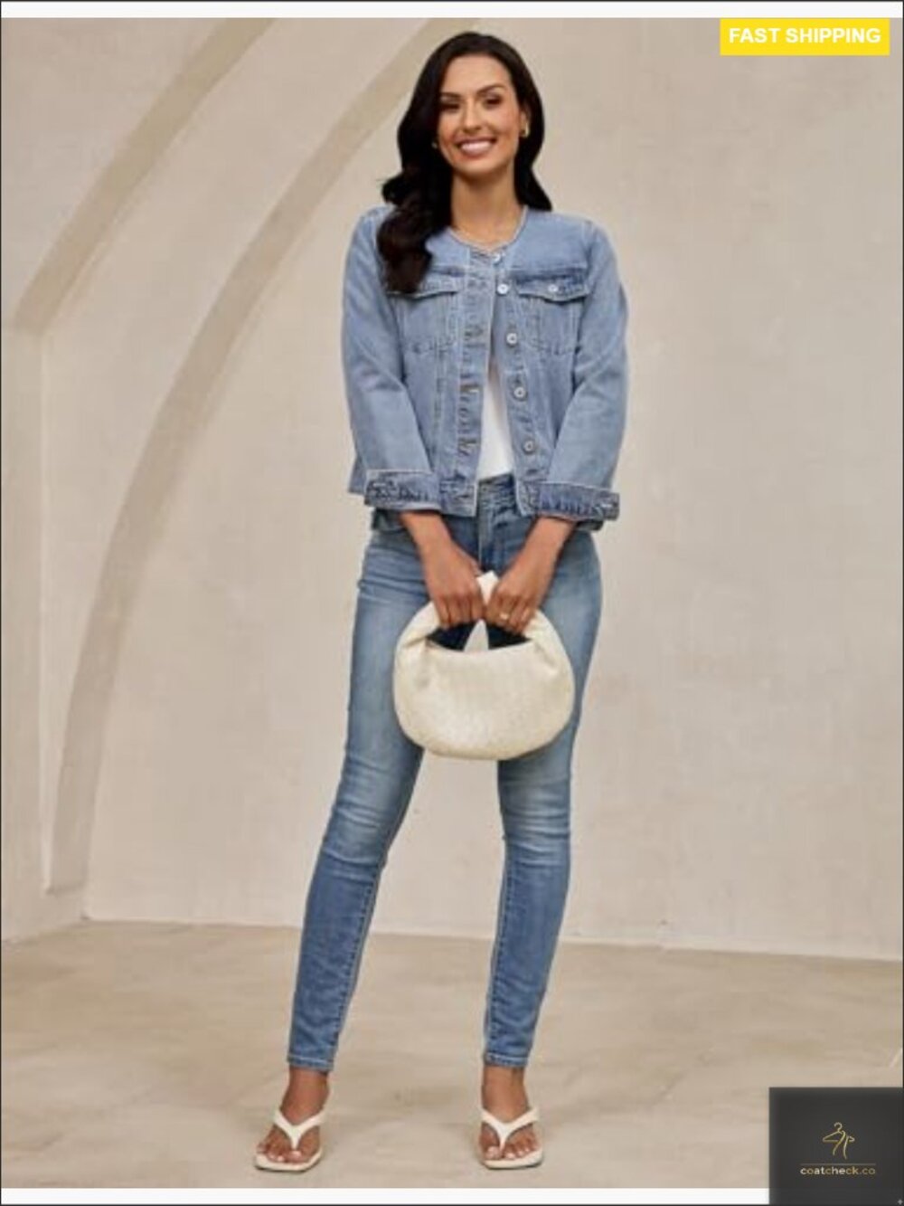 Collarless Denim Jacket Crew Neck Button Front Casual Western Style - Picture 6 of 7